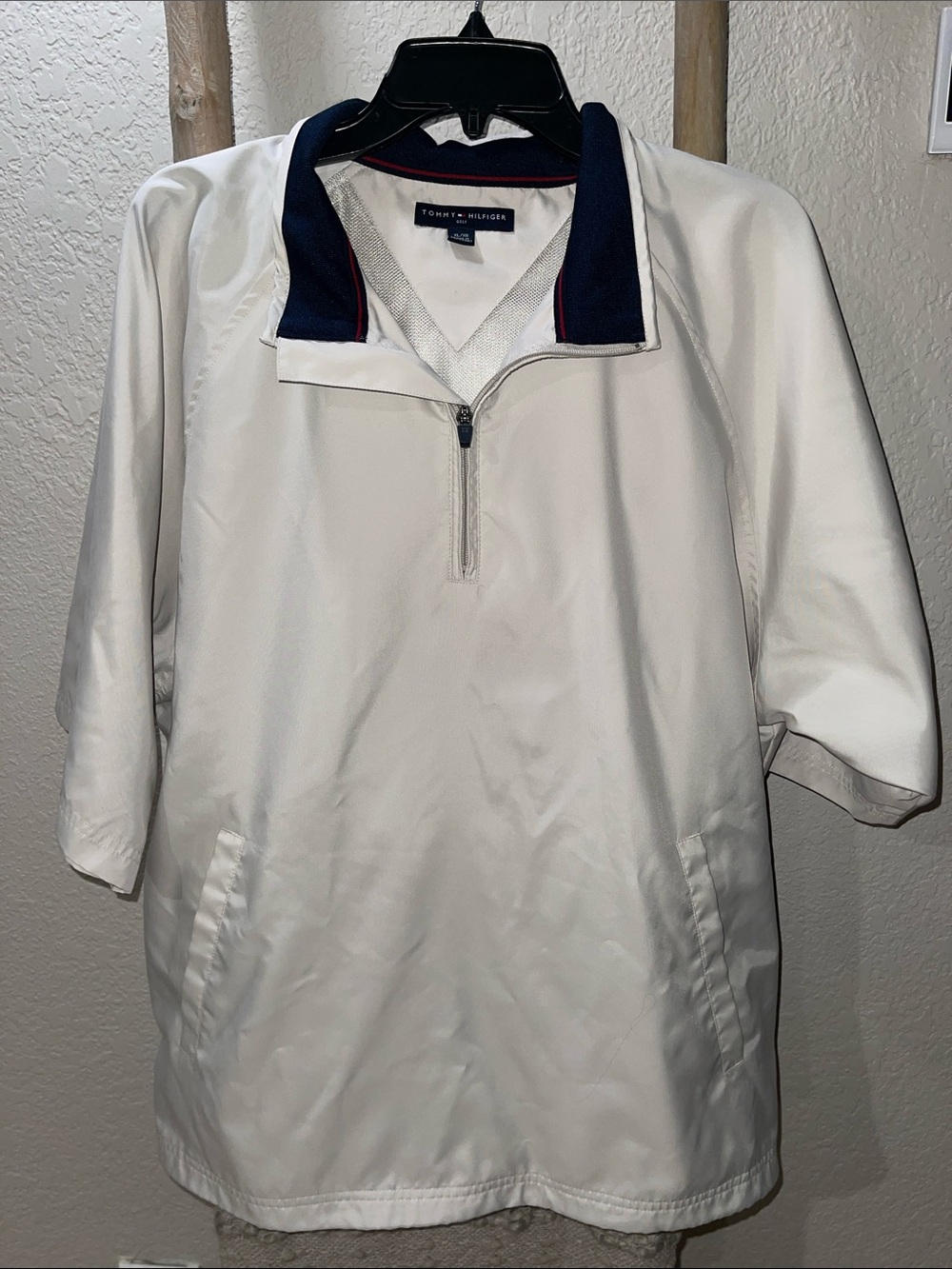 Tommy Hilfiger White Short-Sleeve Quarter-Zip Pullover with Navy Collar